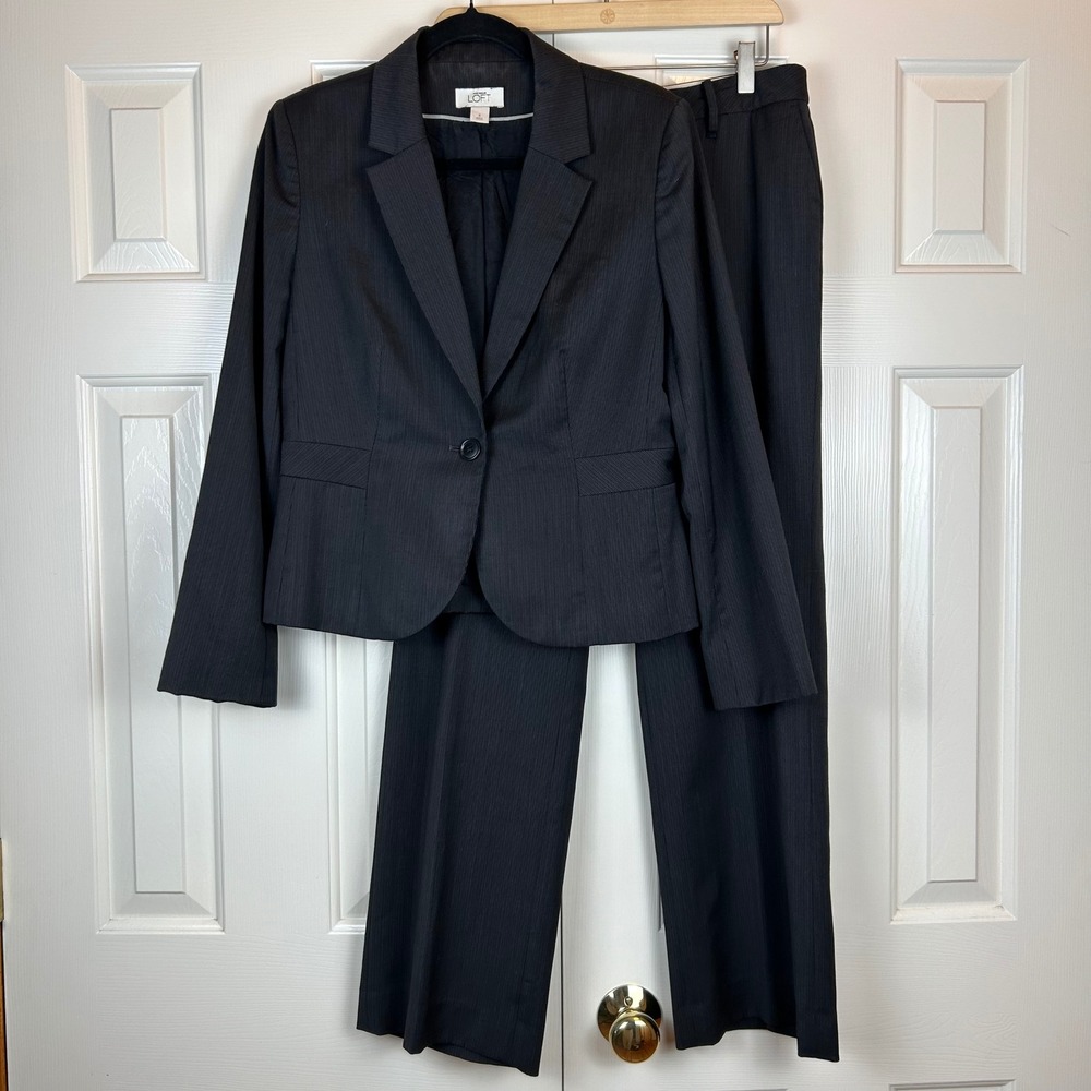 Ann Taylor LOFT Women's Matching 2 Piece Pant Suit Set Gray Wool Blend Size 8